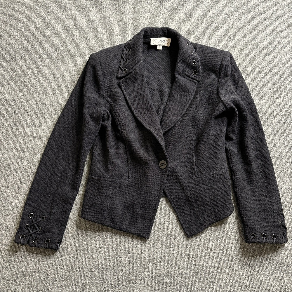 St John Blazer Women's Size 10 Knit 1 Button Laced Eyelet Jacket Shoulder Pad